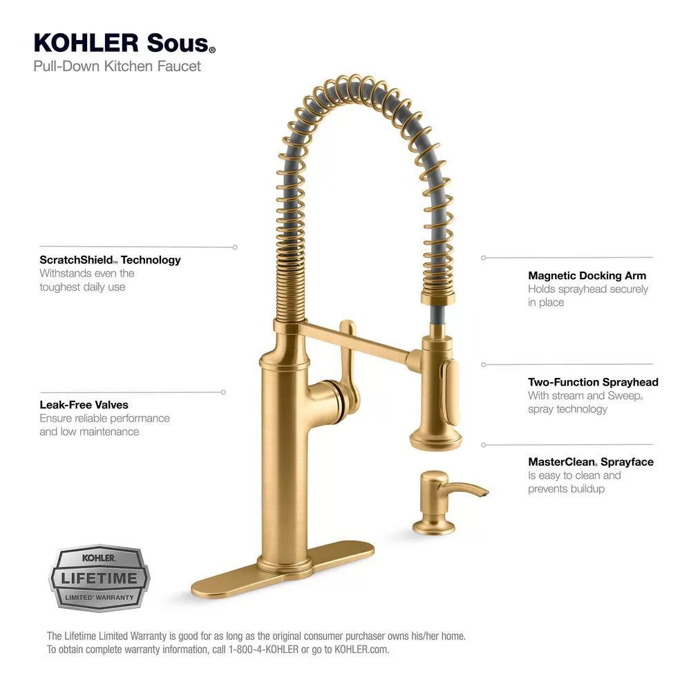KOHLER Sous Pro-Style-Single Handle Pull Down Sprayer Kitchen Faucet in Vibrant Brushed Moderne Brass