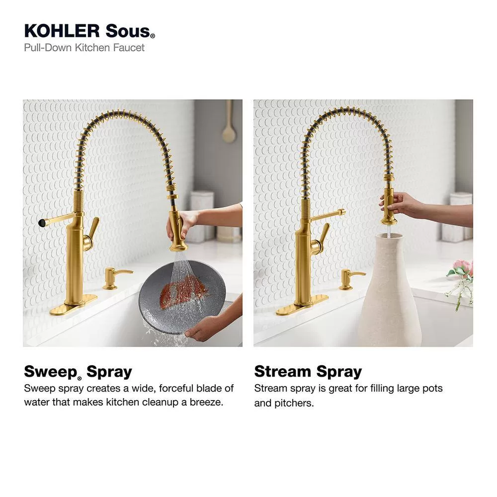 KOHLER Sous Pro-Style-Single Handle Pull Down Sprayer Kitchen Faucet in Vibrant Brushed Moderne Brass