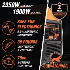 WEN 56235iX Super Quiet 2350/1900-Watt Gas-Powered Lightweight Portable Inverter Generator with Fuel Shut Off and CO Watchdog