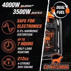 WEN DF402iX 4000/3500-Watt RV-Ready Dual Fuel Open Frame Portable Inverter Generator with CO Watchdog