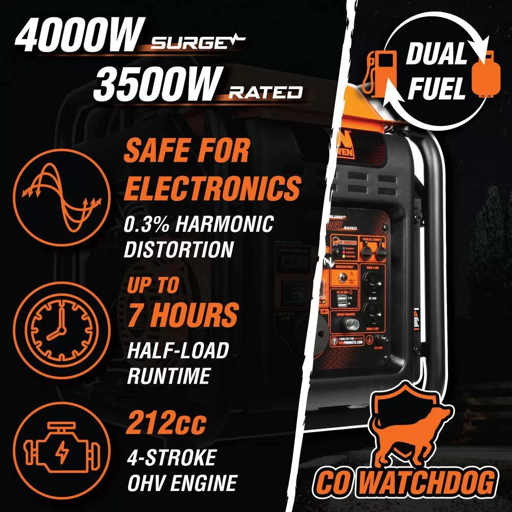 WEN DF402iX 4000/3500-Watt RV-Ready Dual Fuel Open Frame Portable Inverter Generator with CO Watchdog