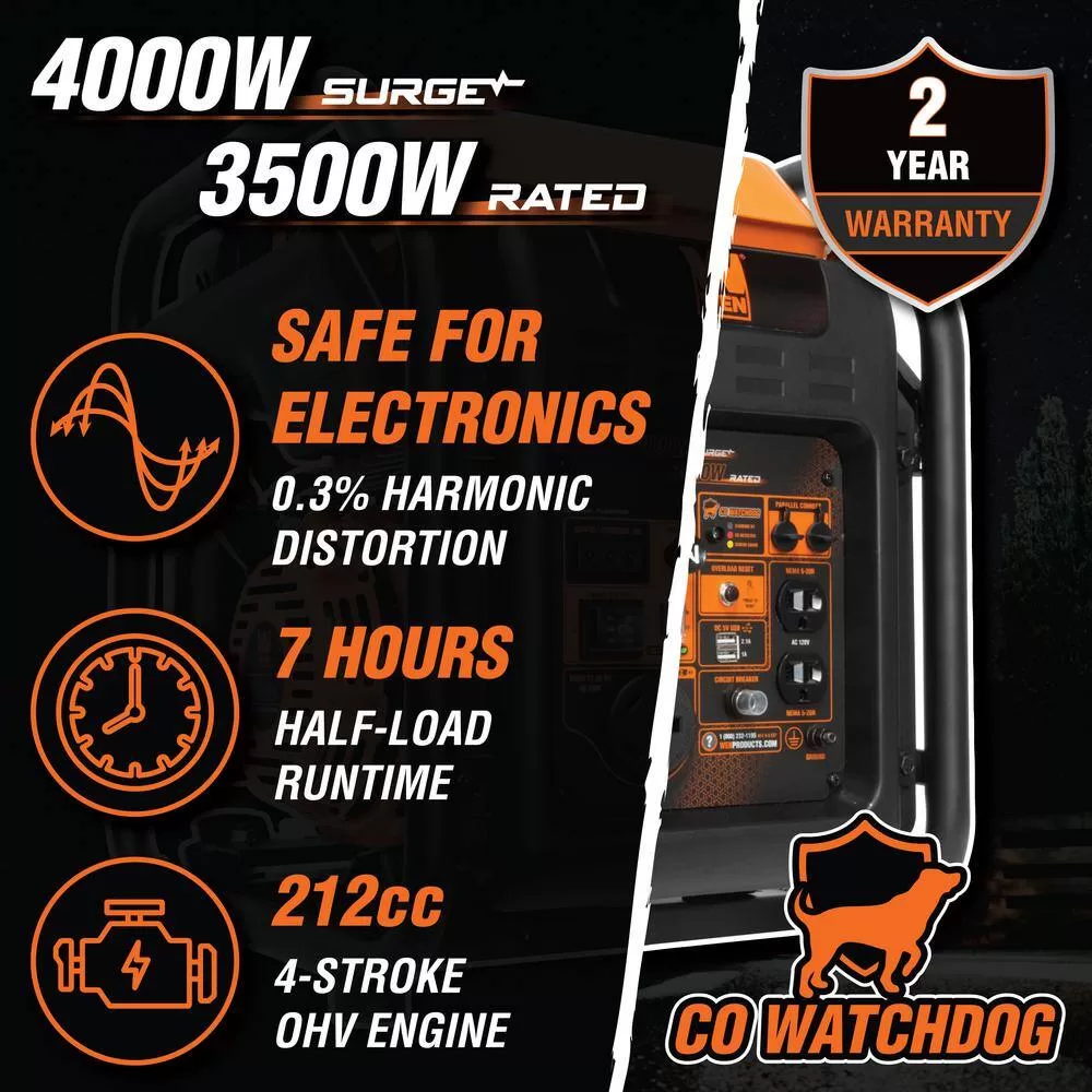WEN GN400iX 4000/3500-Watt RV-Ready Gasoline Powered Open Frame Inverter Generator with CO Watchdog