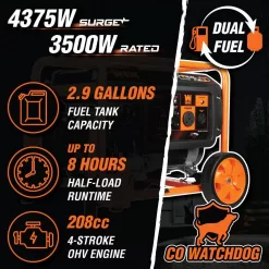 WEN DF430X 4375/3500-Watt Dual Fuel Portable Generator with Wheel Kit and CO Watchdog