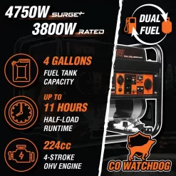 WEN DF472X 4750/3800-Watt 120-Volt/240-Volt Dual Fuel Portable Generator with CO Watchdog