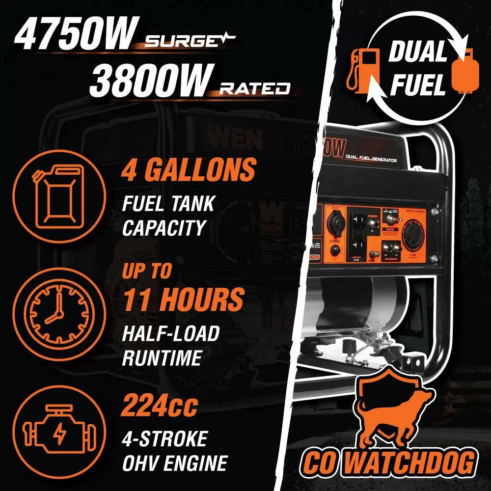 WEN DF472X 4750/3800-Watt 120-Volt/240-Volt Dual Fuel Portable Generator with CO Watchdog
