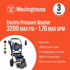 Westinghouse 3200 PSI 1.76 GPM 13 Amp Cold Water Electric Powered Pressure Washer with Turbo Nozzle and 5 Quick Connect Tips