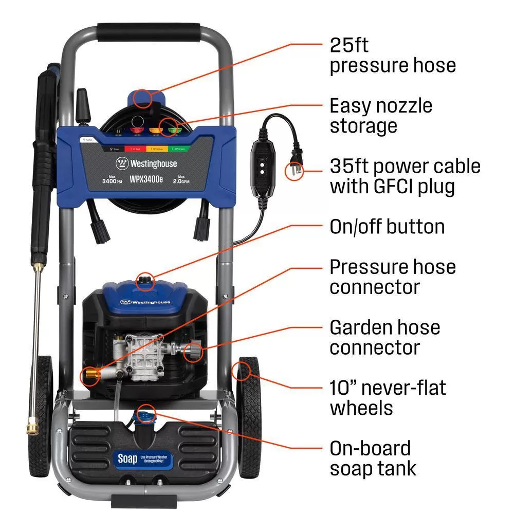 Westinghouse 3400 PSI 2 GPM 13 Amp Electric Powered Pressure Washer with Brushless Motor, Turbo Nozzle and 5 Quick Connect Tips