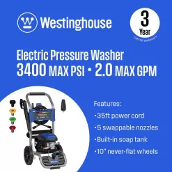 Westinghouse 3400 PSI 2 GPM 13 Amp Electric Powered Pressure Washer with Brushless Motor, Turbo Nozzle and 5 Quick Connect Tips