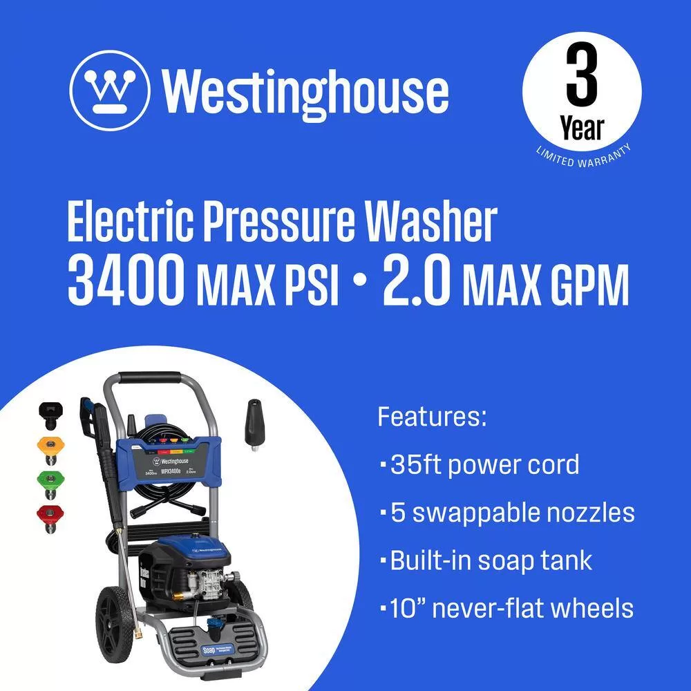 Westinghouse 3400 PSI 2 GPM 13 Amp Electric Powered Pressure Washer with Brushless Motor, Turbo Nozzle and 5 Quick Connect Tips