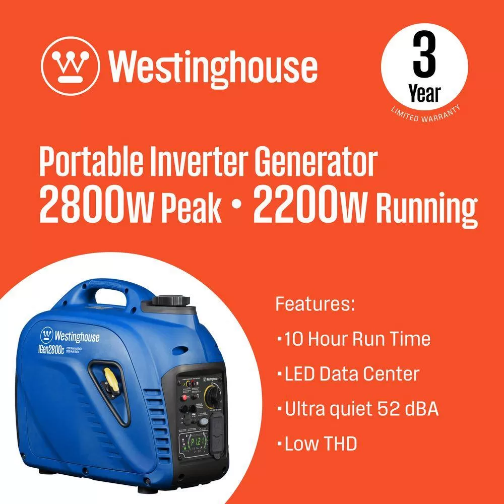 Westinghouse iGen2800c 2,800-Watt Gas Powered Portable Inverter Generator with Recoil Start, LED Data Center, Quiet Technology