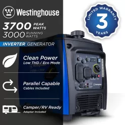 Westinghouse WH3700iXLTc 3,700-Watt Gas Powered Portable Inverter Generator with Recoil Start, LED Data Center, Quiet Technology