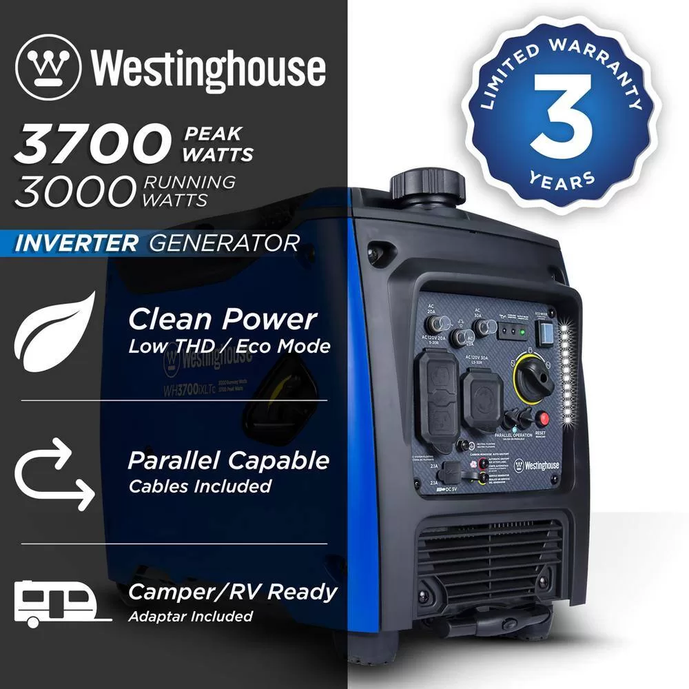 Westinghouse WH3700iXLTc 3,700-Watt Gas Powered Portable Inverter Generator with Recoil Start, LED Data Center, Quiet Technology