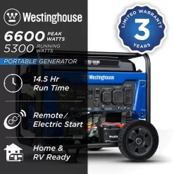 Westinghouse 6,600/5,300-Watt Gas Powered Portable Generator with Remote Electric Start and 30A 120/240V Outlet