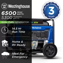 Westinghouse 6,500/5,300-Watt Dual Fuel Gas and Propane Powered Portable Generator with Digital Display, 30A 120/240V Outlet