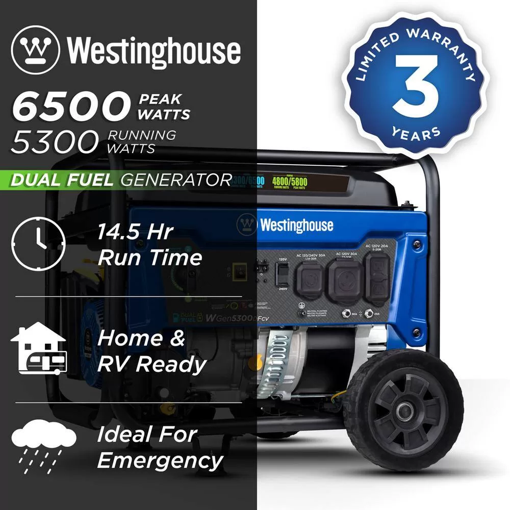 Westinghouse 6,500/5,300-Watt Dual Fuel Gas and Propane Powered Portable Generator with Digital Display, 30A 120/240V Outlet