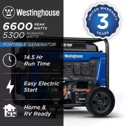 Westinghouse WGen5300sc 6,600/5,300-Watt Gas Powered Portable Generator with Electric Start, 30A 120/240V Outlet