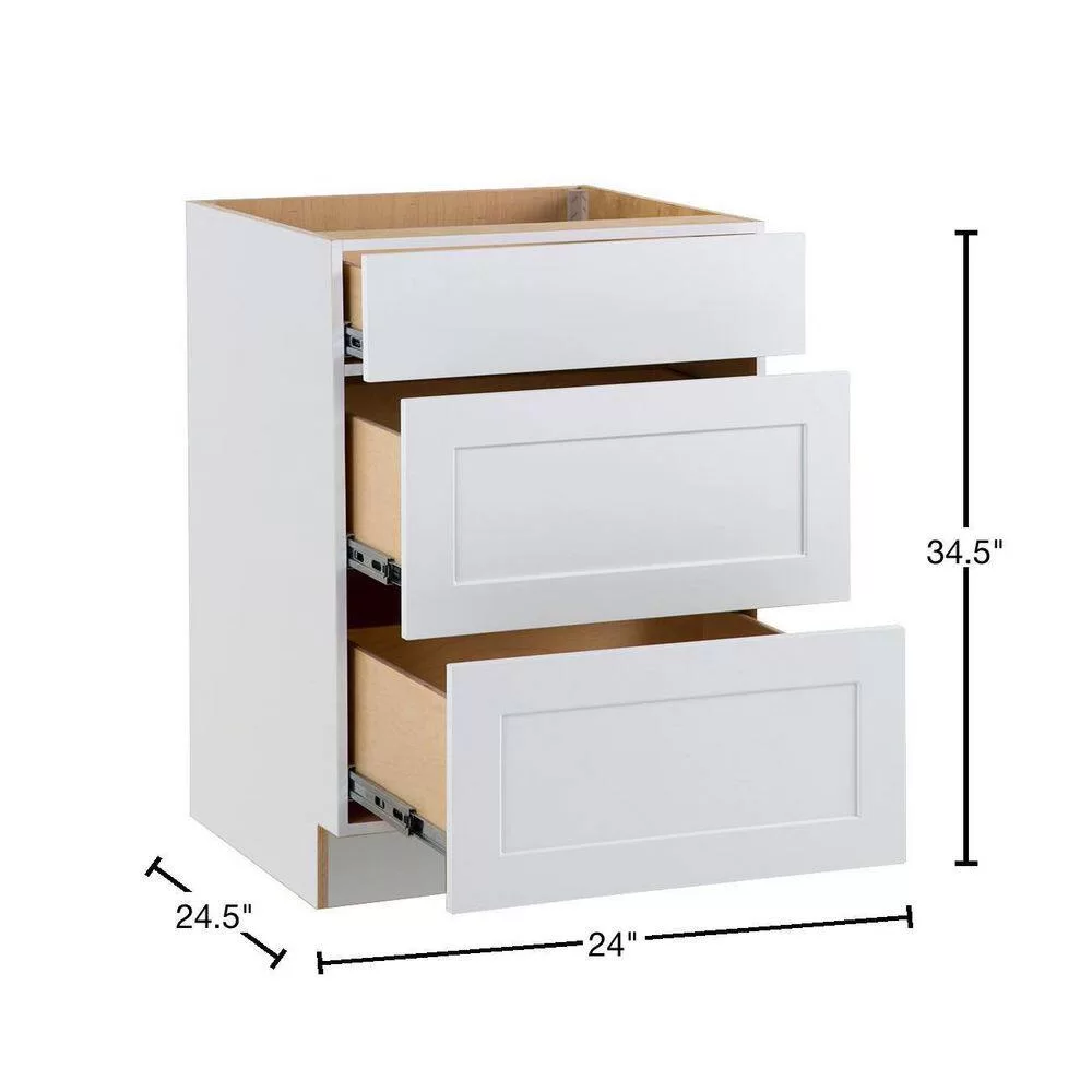 Hampton Bay Cambridge White Plywood Assembled Base Kitchen Cabinet with 3-Soft Close Drawers (24 in. W x 24.5 in. D x 34.5 in. H)