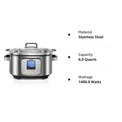 HOUSNAT 10 in 1 Programmable Cooker, 6Qt Stainless Steel, Rice Cooker, Yogurt Maker, Delay Start, Steaming Rack and Glass Lid