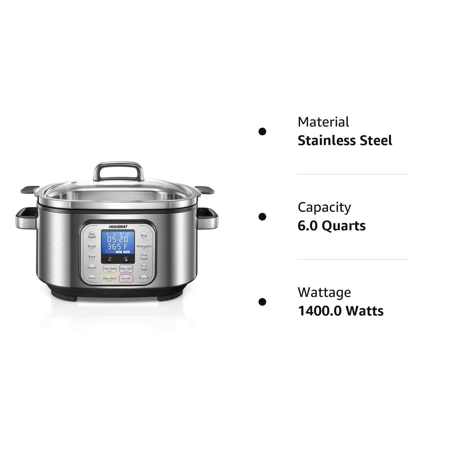 HOUSNAT 10 in 1 Programmable Cooker, 6Qt Stainless Steel, Rice Cooker, Yogurt Maker, Delay Start, Steaming Rack and Glass Lid