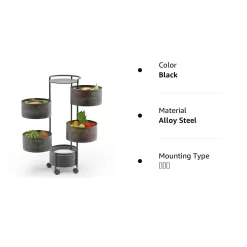 JAQ Rotating Fruit Basket, 5-Tier Metal Sturdy Kitchen Storage Rack Shelf Carts No Assembly on Rolling Wheels (5-Tier, Black)