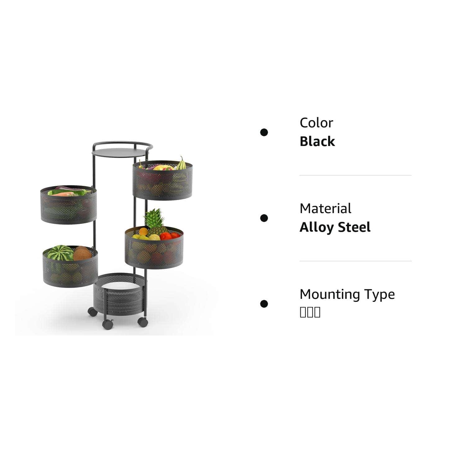 JAQ Rotating Fruit Basket, 5-Tier Metal Sturdy Kitchen Storage Rack Shelf Carts No Assembly on Rolling Wheels (5-Tier, Black)