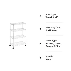 Displays By Jack 4 Tier Wire Shelving Unit Storage Rack, Metal Heavy Duty Utility Organizers, Chrome, 14"W x 30"L X 48"H