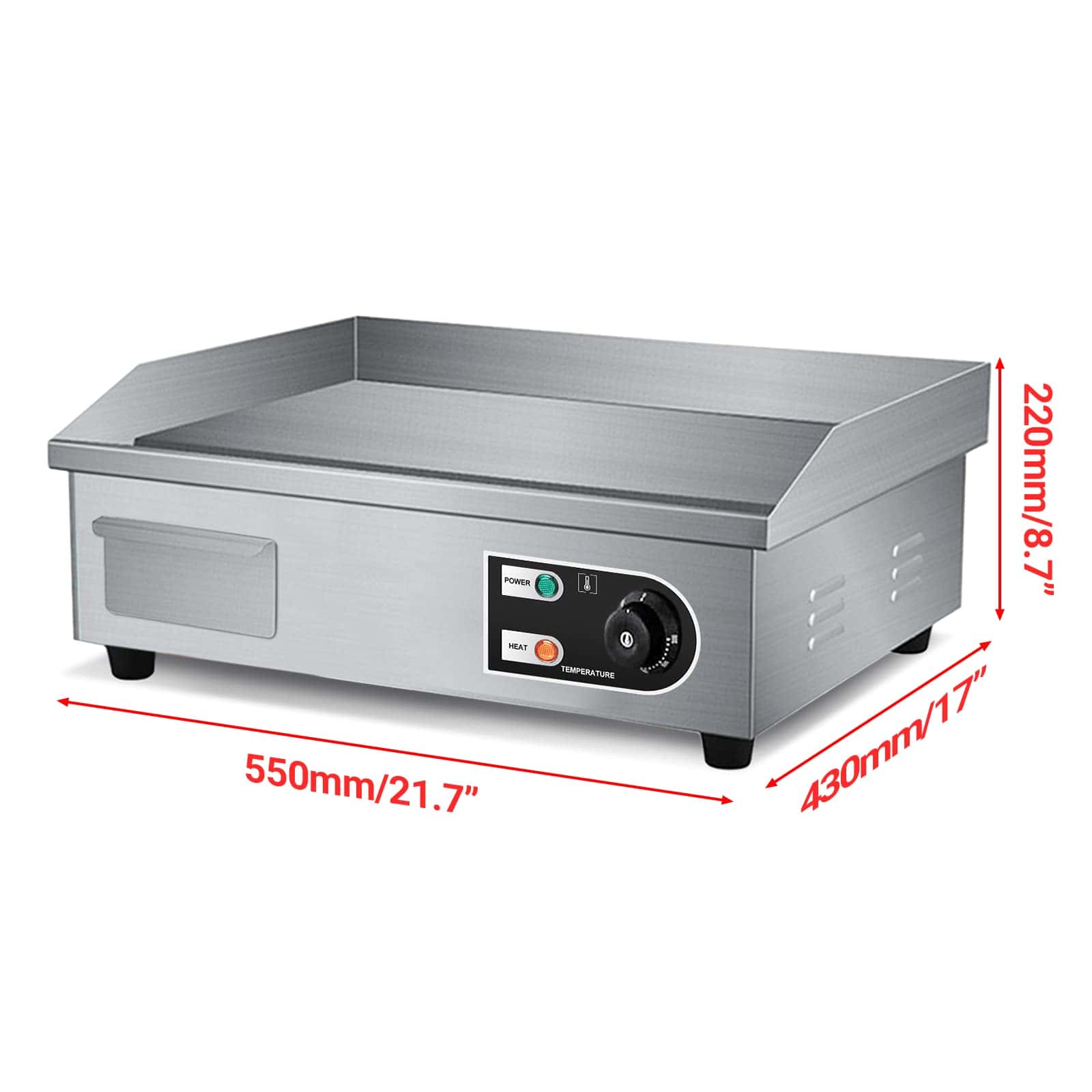 PROMOTOR 22" Electric Countertop Flat Top Griddle 1600W 110V Non-Stick Commercial Restaurant Teppanyaki Grill Stainless Steel