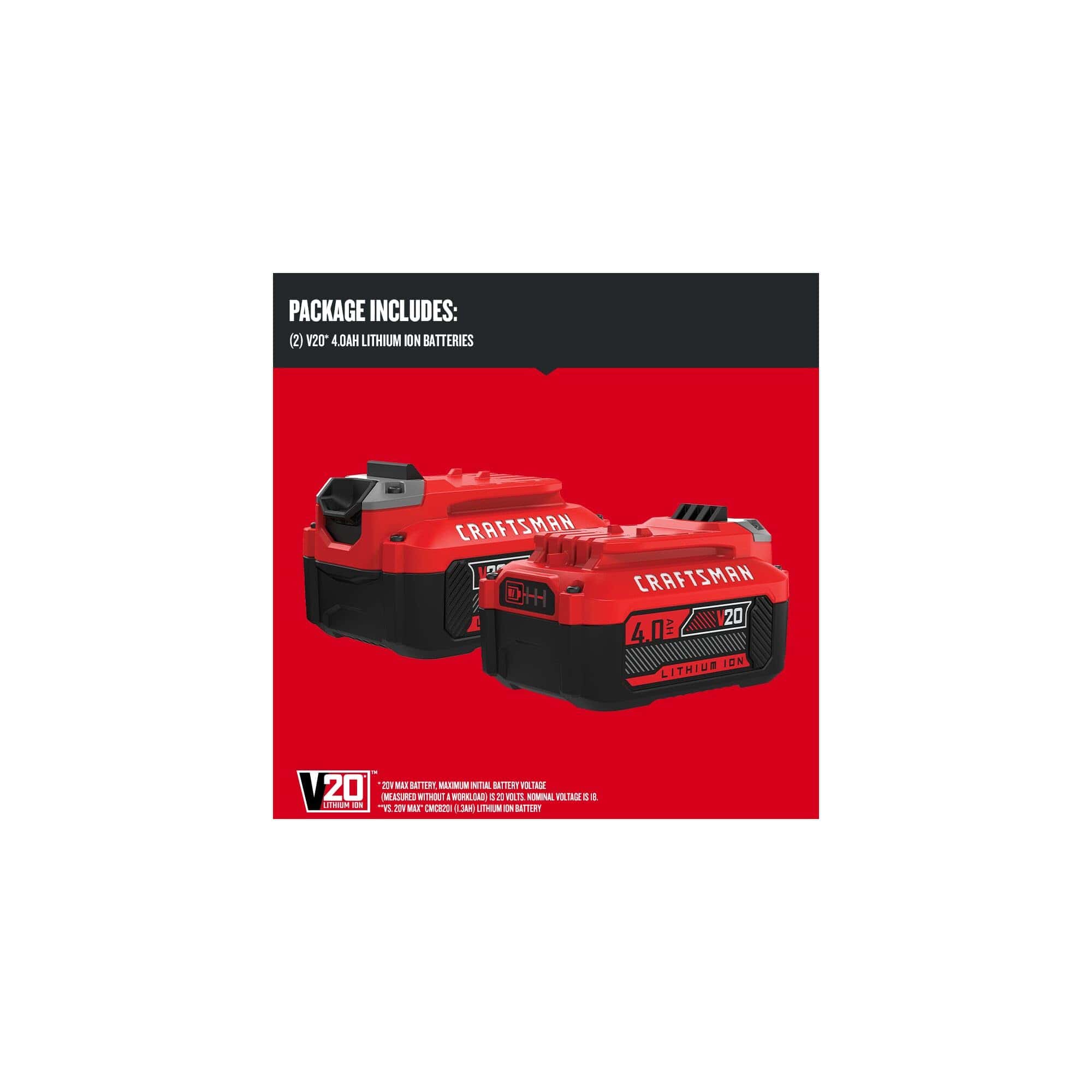 Craftsman V20 Battery and Charger, for Power Tool Kits and Outdoor Tools, 4.0 Ah, Lithium Ion Battery (CMCB204-CK)