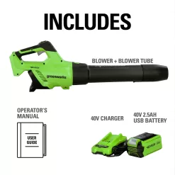 Greenworks 40V (120 MPH / 500 CFM / 75+ Compatible Tools) Cordless Axial Leaf Blower, 2.5Ah Battery and Charger Included
