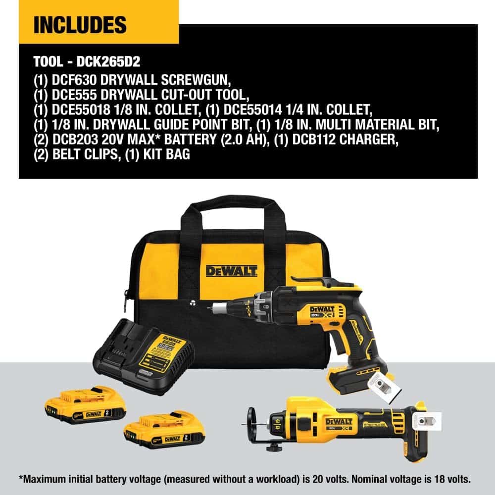 DEWALT 20V MAX XR Brushless Drywall Screwgun and Cut-Out Tool Combo Kit (2.0Ah) (DCK265D2)