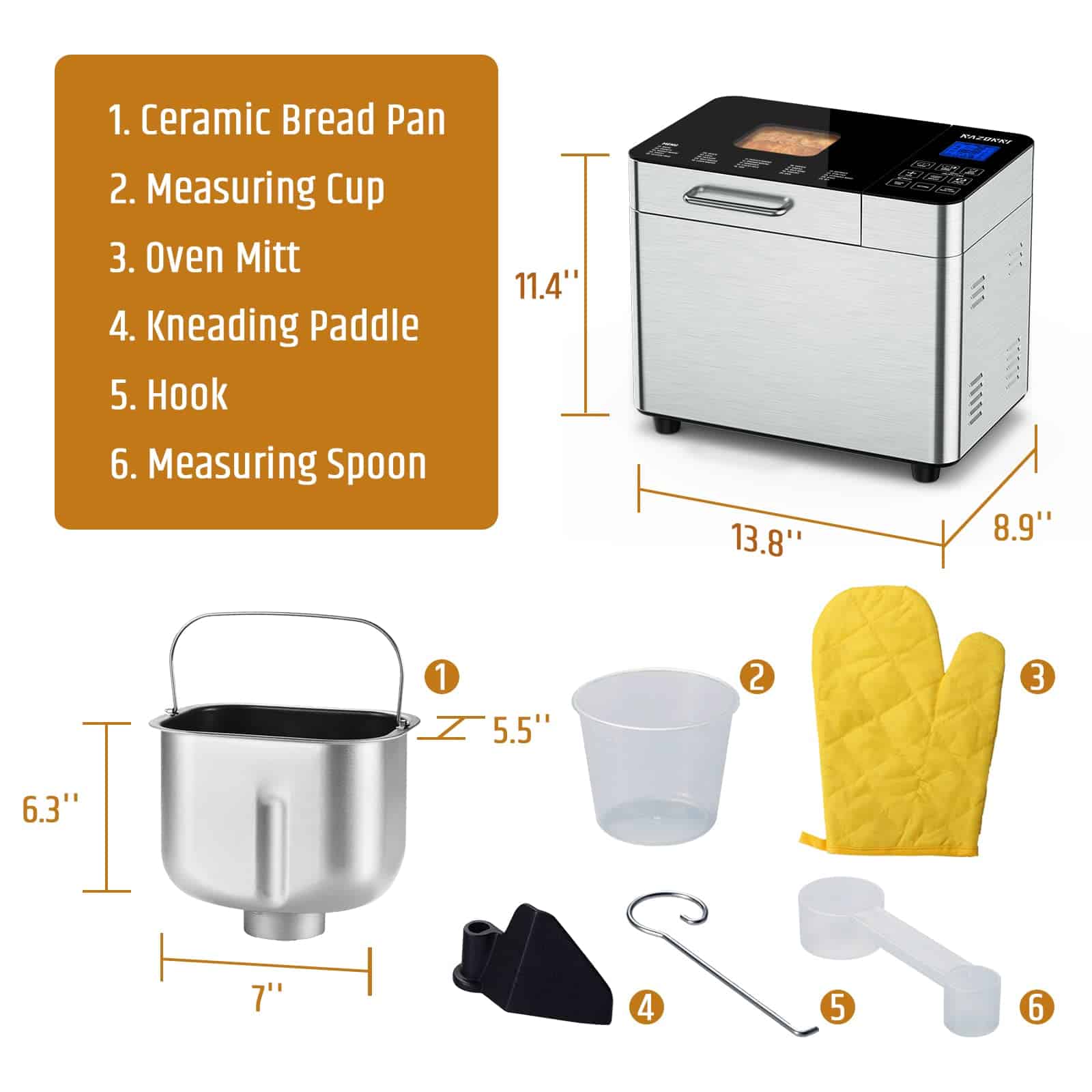 Razorri Bread Maker Machine Stainless Steel UL Certified, Nonstick Bread Pan, 3 Crust Colors and 3 Loaf Sizes