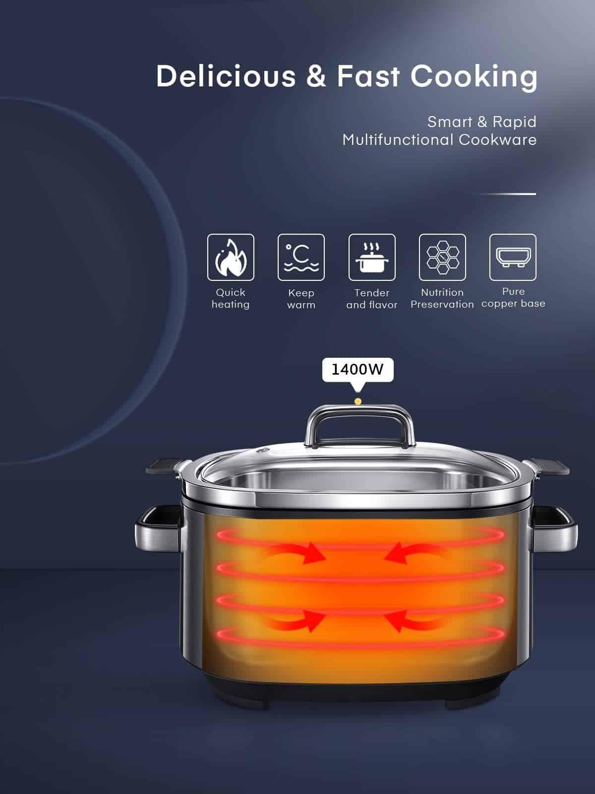 HOUSNAT 10 in 1 Programmable Cooker, 6Qt Stainless Steel, Rice Cooker, Yogurt Maker, Delay Start, Steaming Rack and Glass Lid