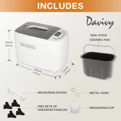 Davivy Bread Maker Machine 3LB Dough Maker,15-in-1 Automatic Bread Machine Maker with Nonstick Bowl, 850W, Silver, 3.3LB