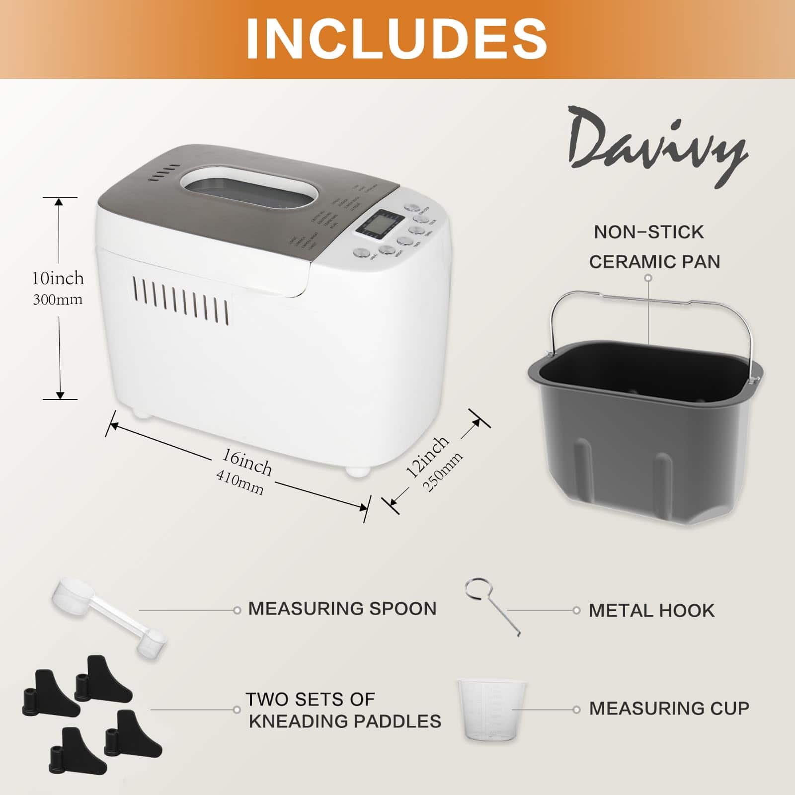 Davivy Bread Maker Machine 3LB Dough Maker,15-in-1 Automatic Bread Machine Maker with Nonstick Bowl, 850W, Silver, 3.3LB