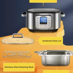 HOUSNAT 10 in 1 Programmable Cooker, 6Qt Stainless Steel, Rice Cooker, Yogurt Maker, Delay Start, Steaming Rack and Glass Lid