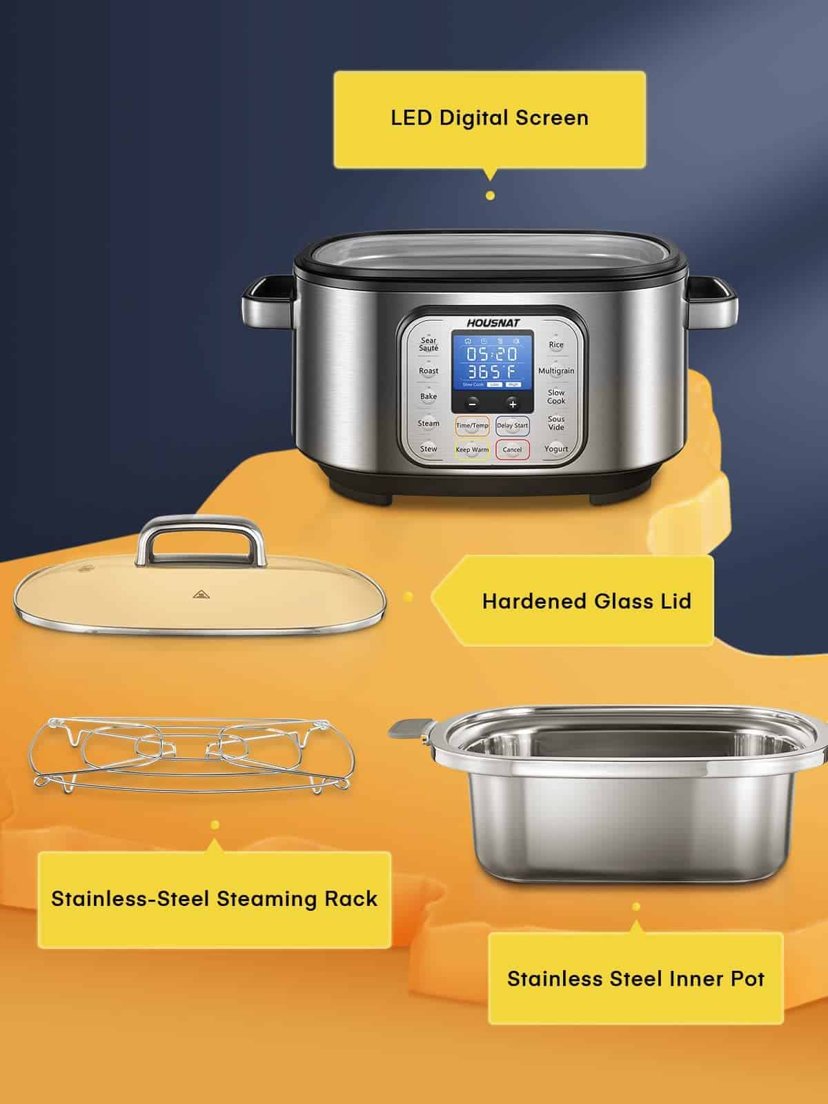 HOUSNAT 10 in 1 Programmable Cooker, 6Qt Stainless Steel, Rice Cooker, Yogurt Maker, Delay Start, Steaming Rack and Glass Lid