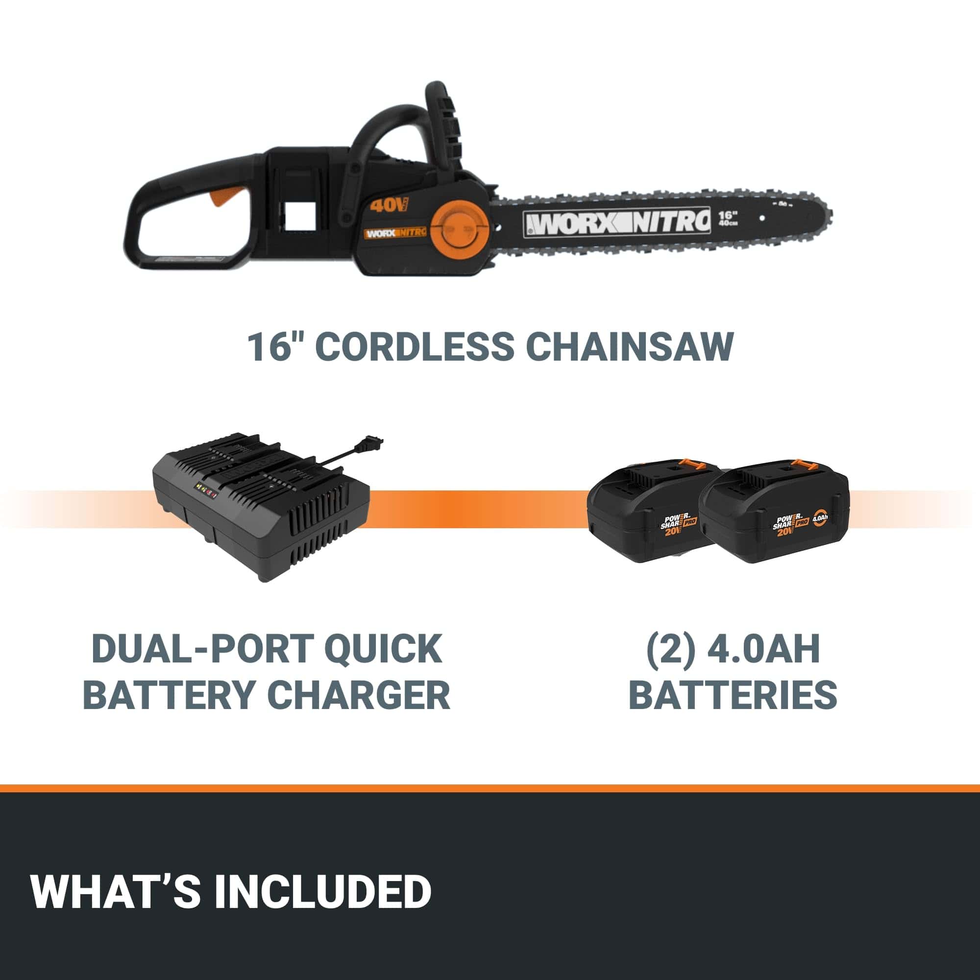 Worx Nitro 40V 16" Cordless Chainsaw WG385 Power Share Battery Chainsaw 59 ft/s Chain Speed Dual Safety Protection