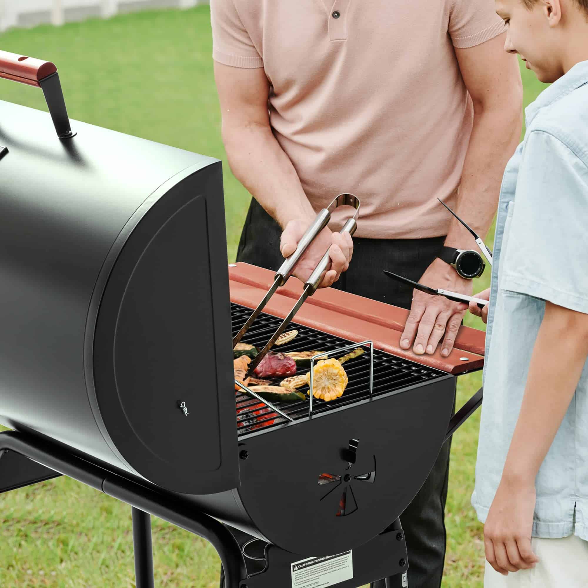 Royal Gourmet CC1830V 30 Barrel Charcoal Grill with Wood-Painted Side Front Table, 627 Square Inches Cooking Space, Black