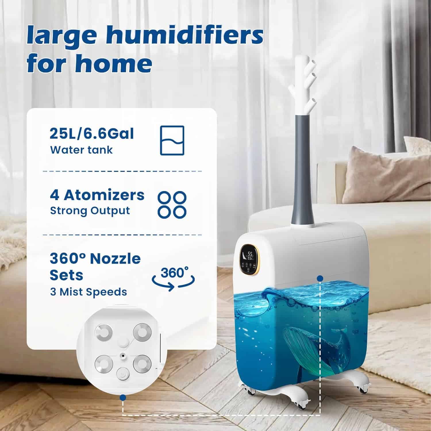 Humidifiers for Large Room Home, 6.6Gal/25L Large Humidifier Whole House Humidifier 3000 sq.ft