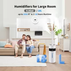 Tower Humidifiers for Large Room 1000 sq ft,Hioo 18.2L 4.81Gal Ultrasonic Topfill Cool Mist Air Humidifier