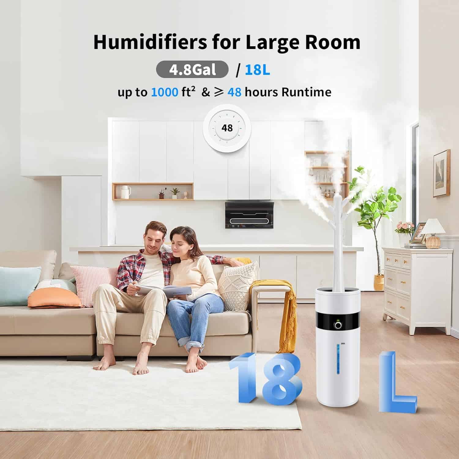 Tower Humidifiers for Large Room 1000 sq ft,Hioo 18.2L 4.81Gal Ultrasonic Topfill Cool Mist Air Humidifier