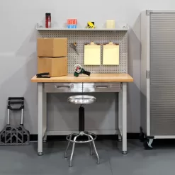 Seville Classics LED Lighted Pegboard Workcenter with 23 Peg Hook Assortment and Drawer Table, 48", Granite Gray
