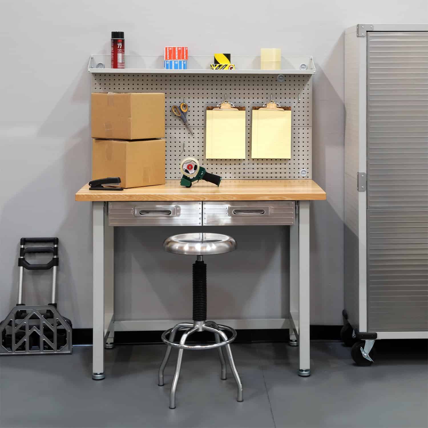 Seville Classics LED Lighted Pegboard Workcenter with 23 Peg Hook Assortment and Drawer Table, 48", Granite Gray