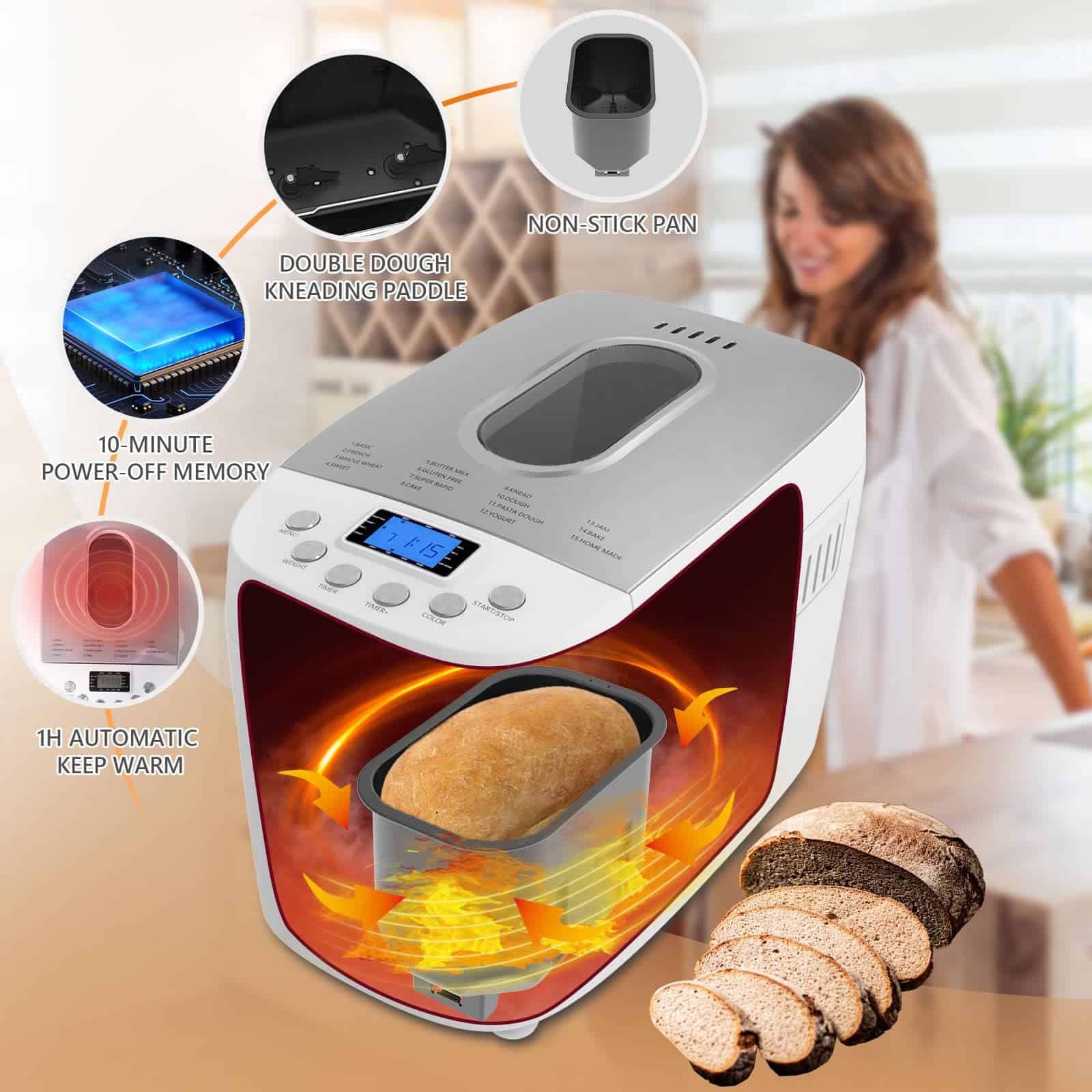 Davivy Bread Maker Machine 3LB Dough Maker,15-in-1 Automatic Bread Machine Maker with Nonstick Bowl, 850W, Silver, 3.3LB