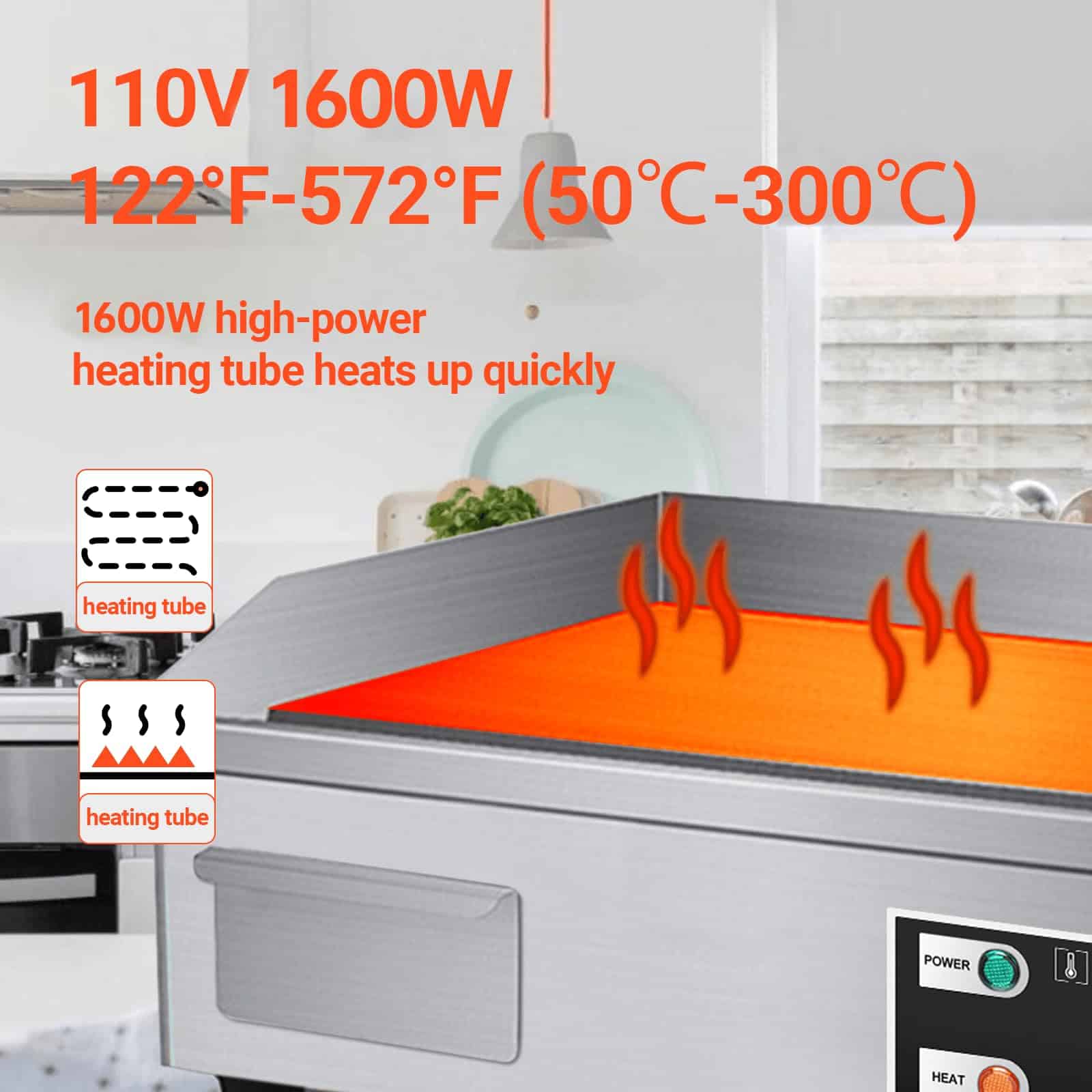 PROMOTOR 22" Electric Countertop Flat Top Griddle 1600W 110V Non-Stick Commercial Restaurant Teppanyaki Grill Stainless Steel