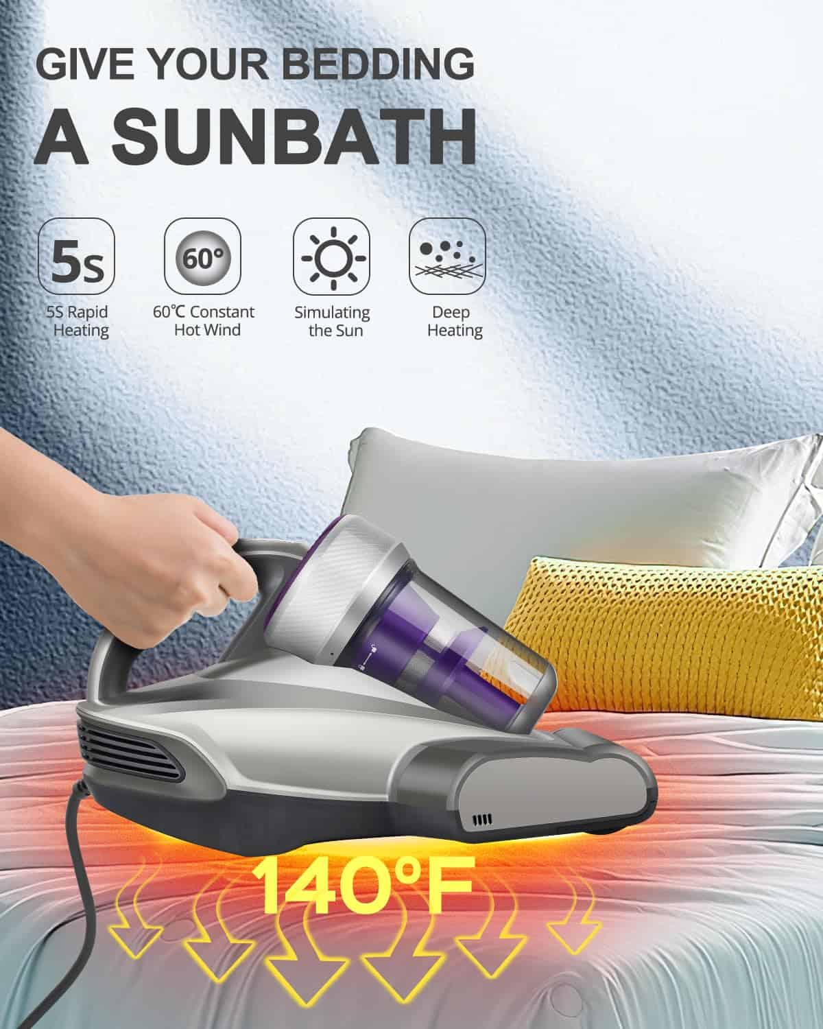 Jimmy Mattress Vacuum Cleaner, Anti-allergen Bed Vacuum Cleaner with UV-C Light & High Heating Tech