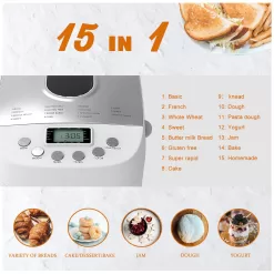 Davivy Bread Maker Machine 3LB Dough Maker,15-in-1 Automatic Bread Machine Maker with Nonstick Bowl, 850W, Silver, 3.3LB