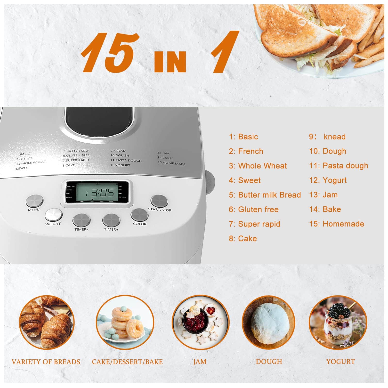 Davivy Bread Maker Machine 3LB Dough Maker,15-in-1 Automatic Bread Machine Maker with Nonstick Bowl, 850W, Silver, 3.3LB