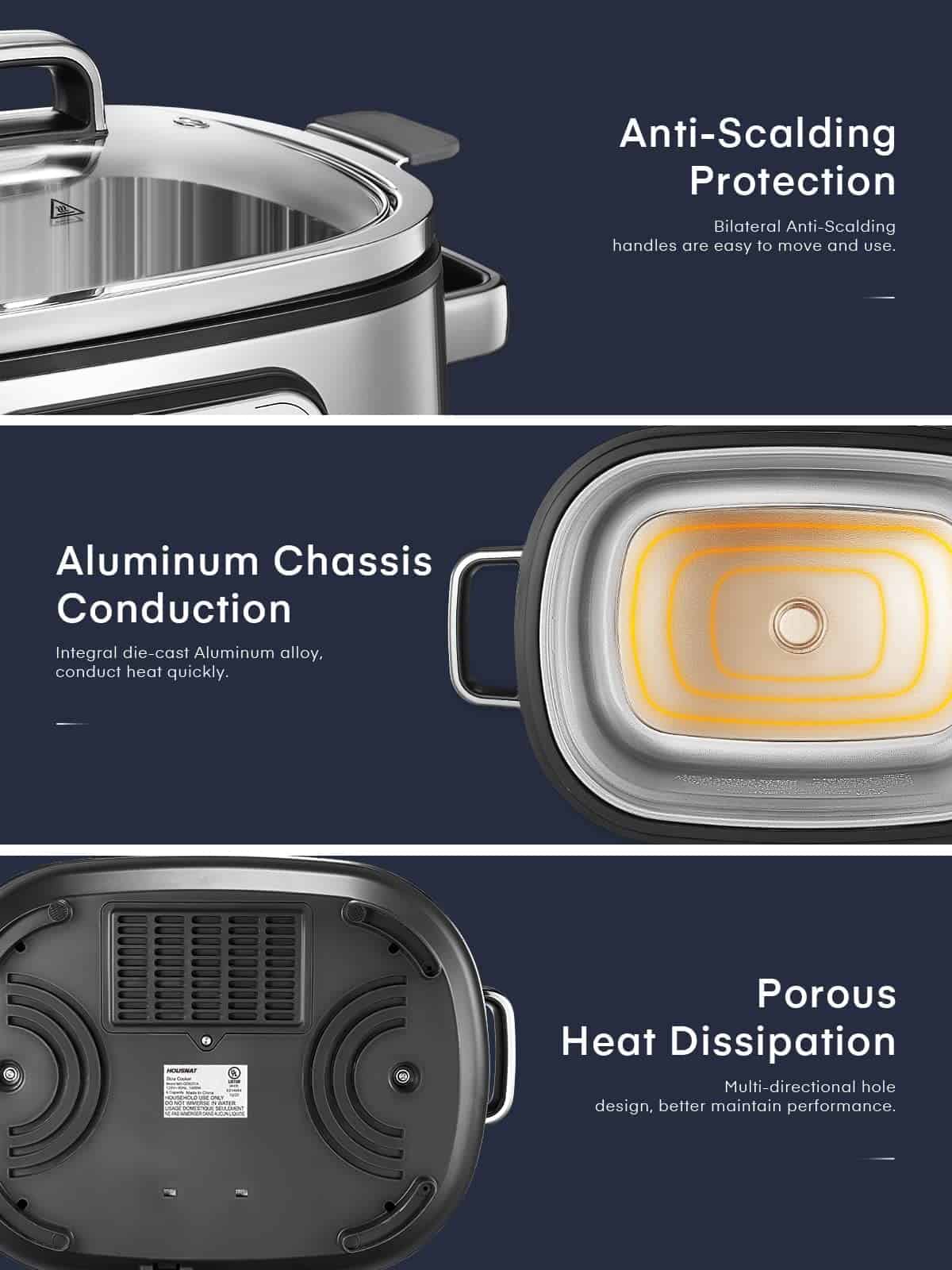 HOUSNAT 10 in 1 Programmable Cooker, 6Qt Stainless Steel, Rice Cooker, Yogurt Maker, Delay Start, Steaming Rack and Glass Lid