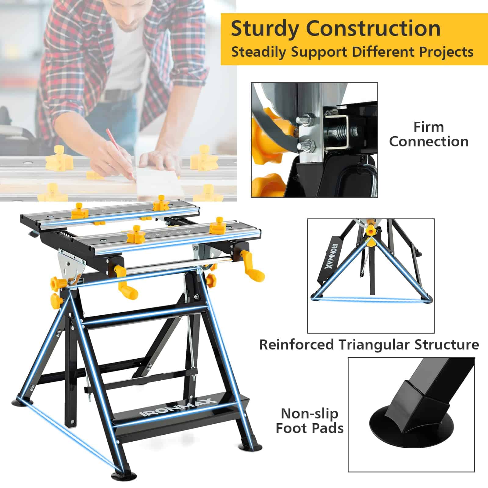 Goplus Portable Workbench, Folding Work Table w/Tiltable Platform, 7-Level Adjustable Height